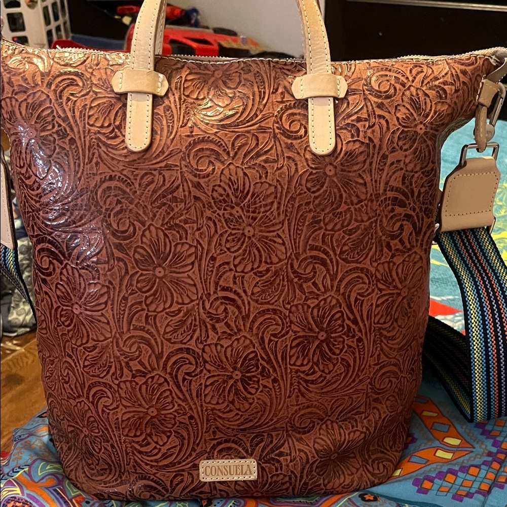 Consuela Floral Embossed Leather Tote in Rich Brown